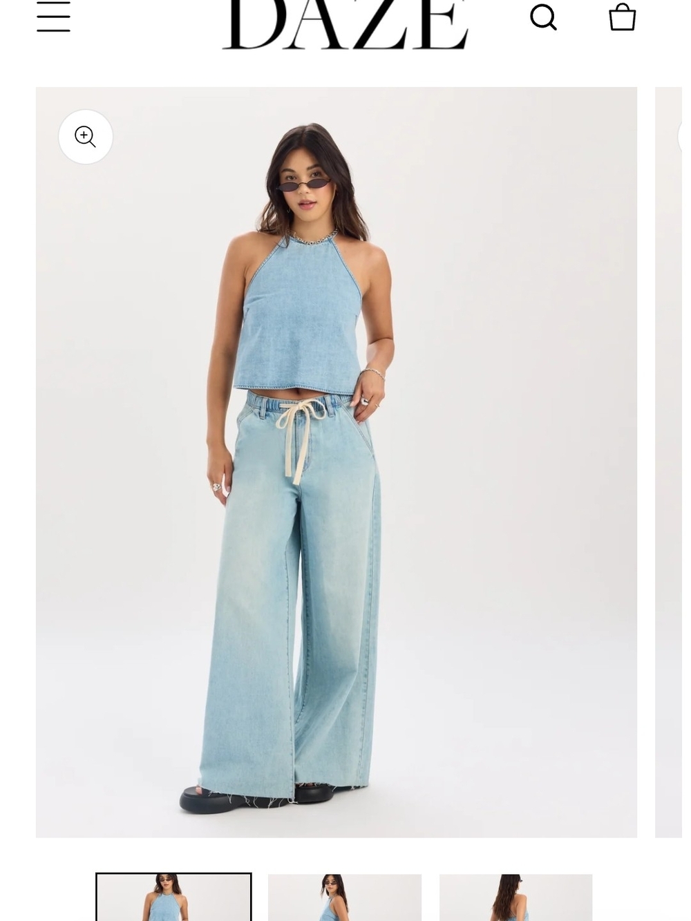 High-Rise Light Blue Wide-Leg Jeans with Drawstring